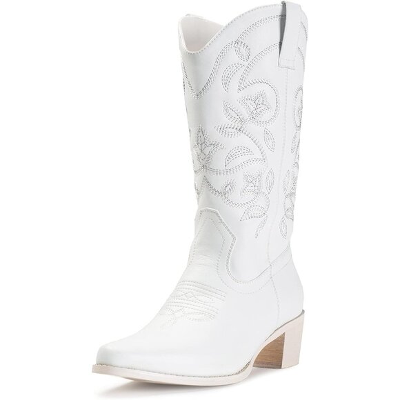 Women's White Cowboy Boots Pointy Toe Western Boots Cowgirl Boots Mid Calf Boot - Picture 1 of 8